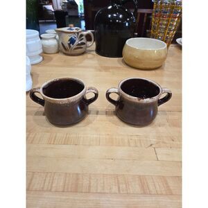 Vintage McCoy Brown Drip Glaze Double Handle Soup Bowls Set of 2